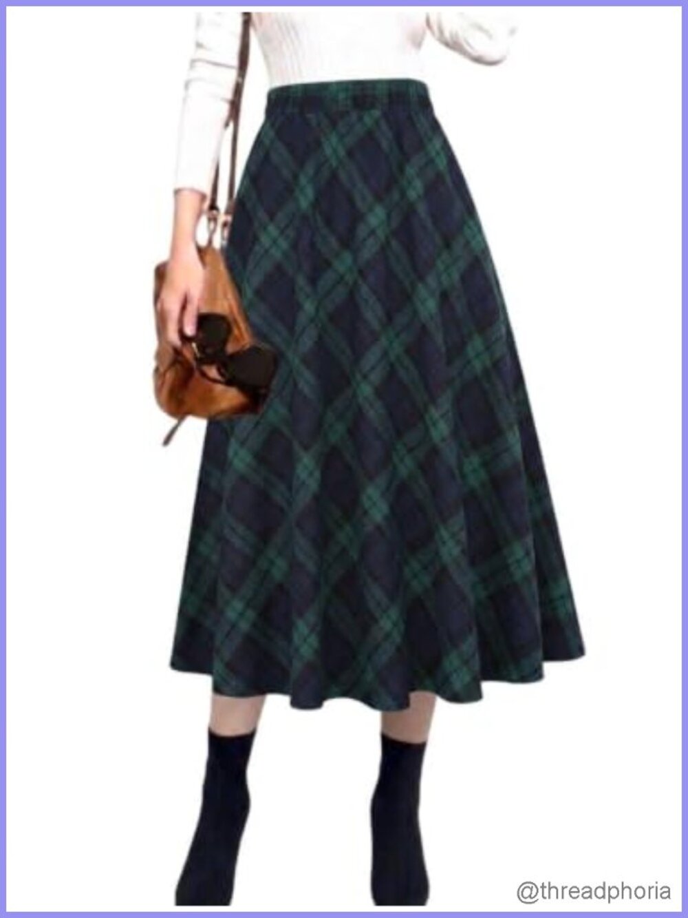 Plaid A-Line Midi Skirt Elastic Waist High Waist Pleated Women Skirts